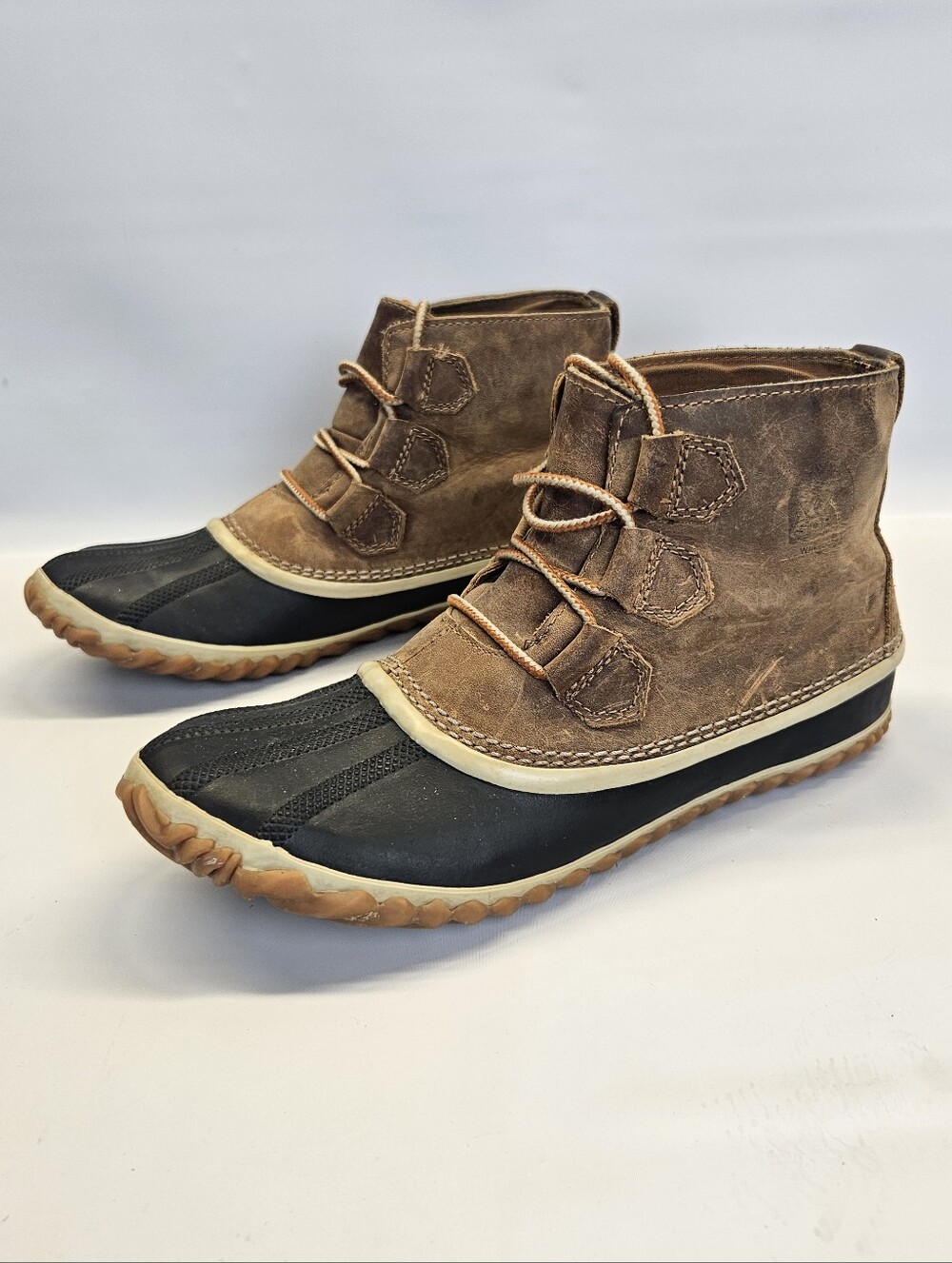 Sorel Out N About Duck Boots Brown Leather Snow Rain Waterproof Lace Up Womens 9